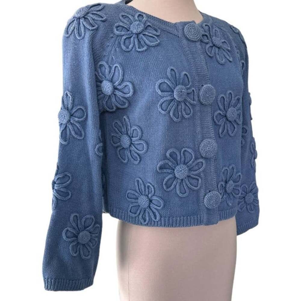 EUC Vintage MICHAEL SIMON Hong Kong Cotton 3D Daisy Sweater Cardigan Blue Sz S
